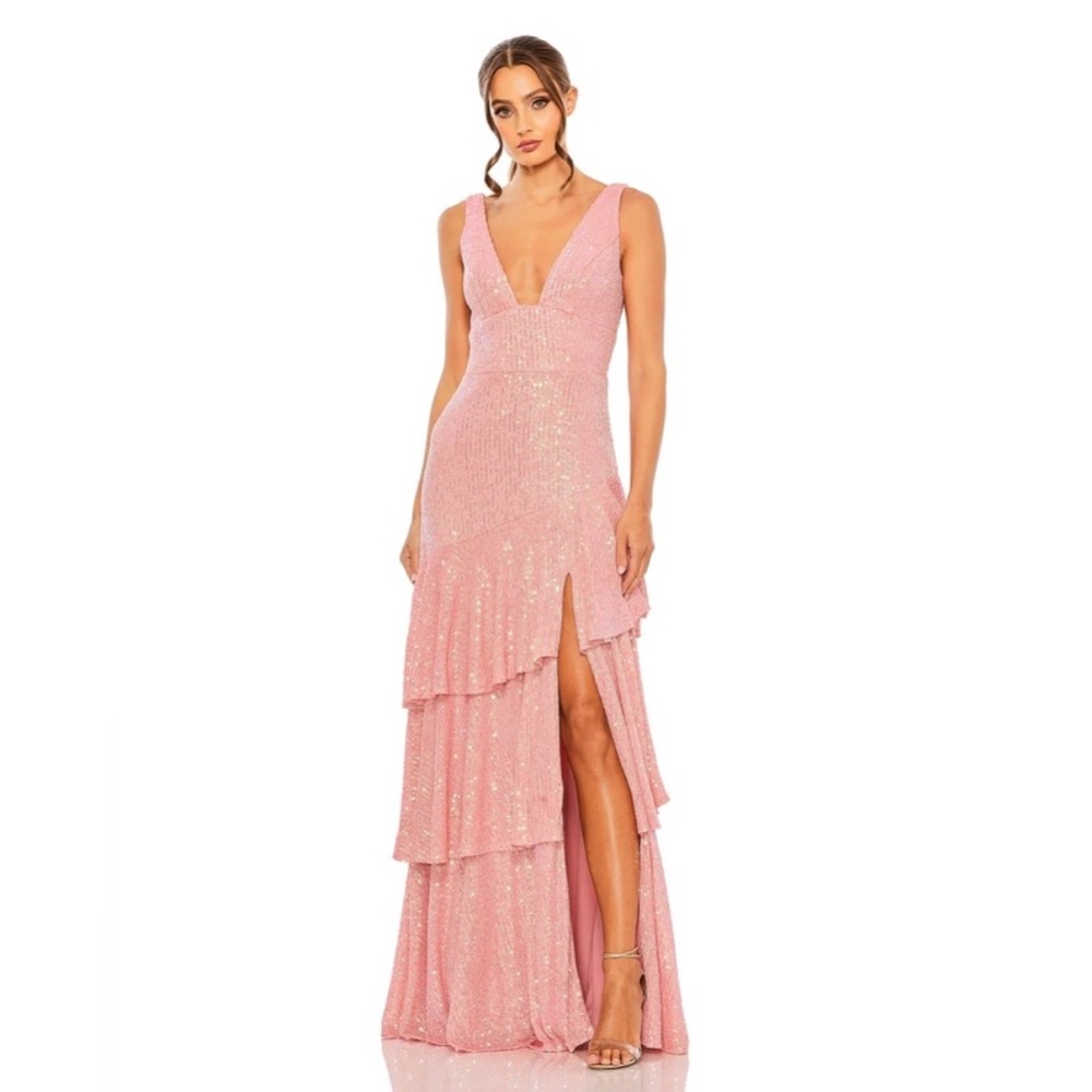 NWT Mac Duggal Dress Asymmetric Ruffle Tiered in Sequin Coral Pink 27046